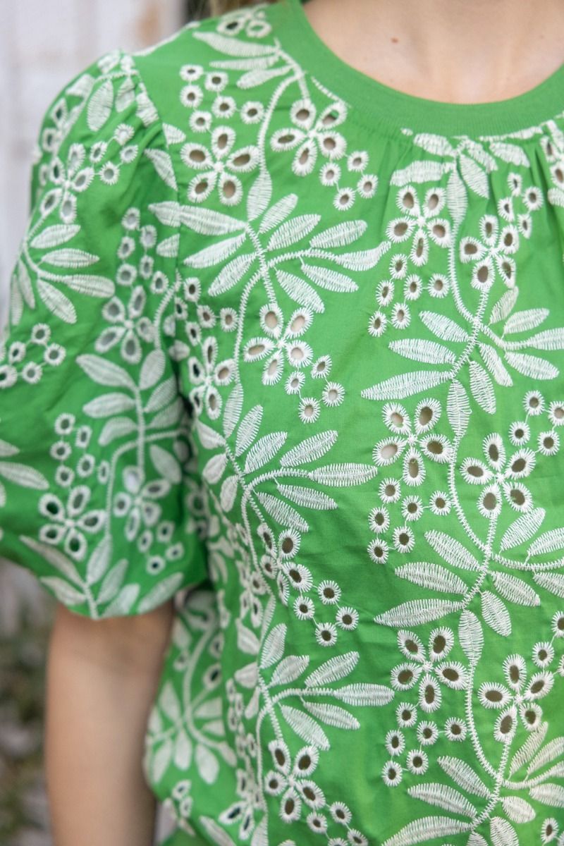 Leaf Embroidered Eyelet Bubble Sleeve Top - Lush Lemon - Women's Clothing - Voy - 87286151322813