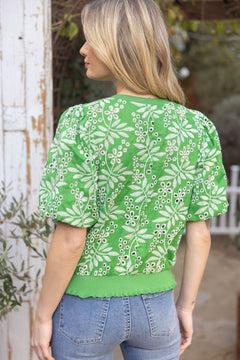 Leaf Embroidered Eyelet Bubble Sleeve Top - Lush Lemon - Women&