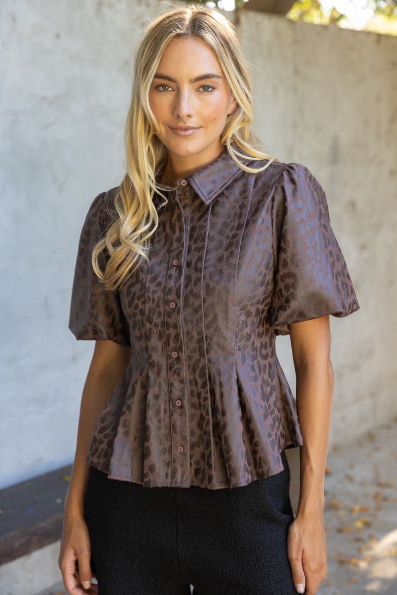 Leopard Faux Leather Peplum Top - Lush Lemon - Women's Clothing - Voy - 28878991074781