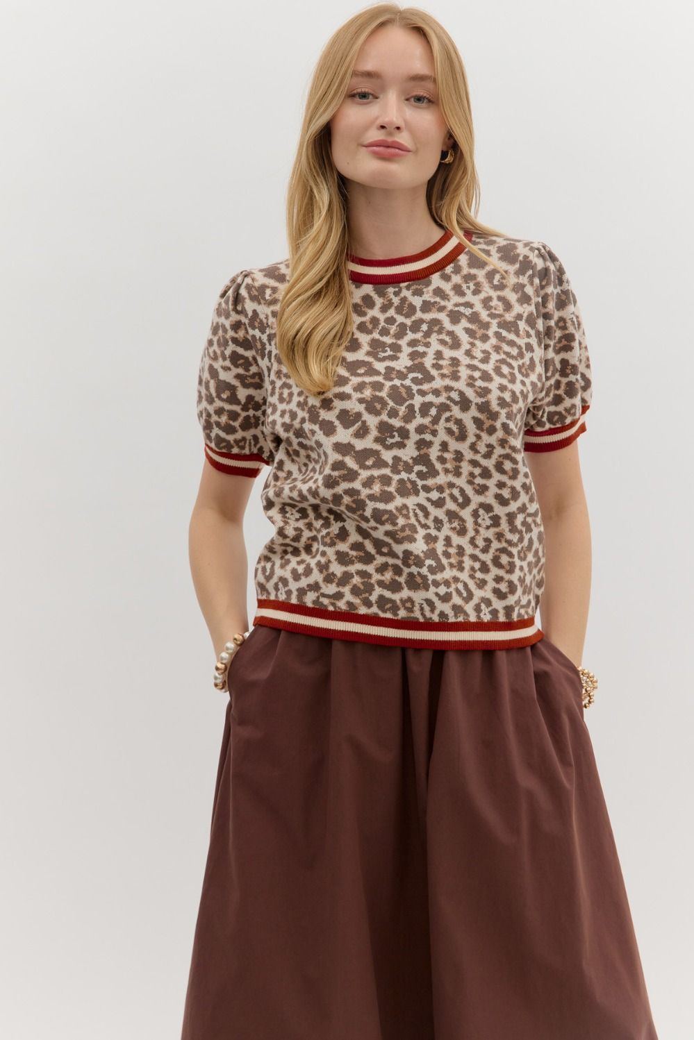 Leopard Puff Sleeve Knit Top W/Contrast Trim - Lush Lemon - Women's Clothing - Entro - 76771791025981