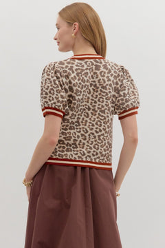 Leopard Puff Sleeve Knit Top W/Contrast Trim - Lush Lemon - Women&