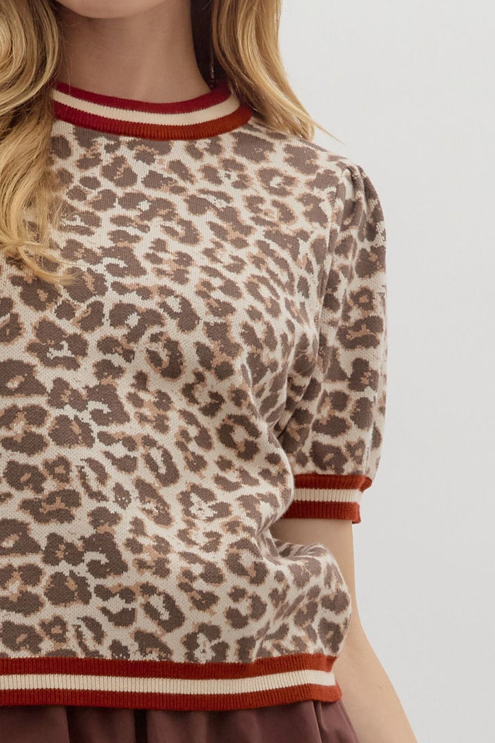 Leopard Puff Sleeve Knit Top W/Contrast Trim - Lush Lemon - Women's Clothing - Entro - 76771791025981
