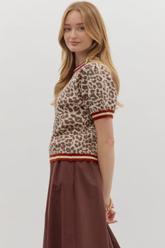 Leopard Puff Sleeve Knit Top W/Contrast Trim - Lush Lemon - Women&