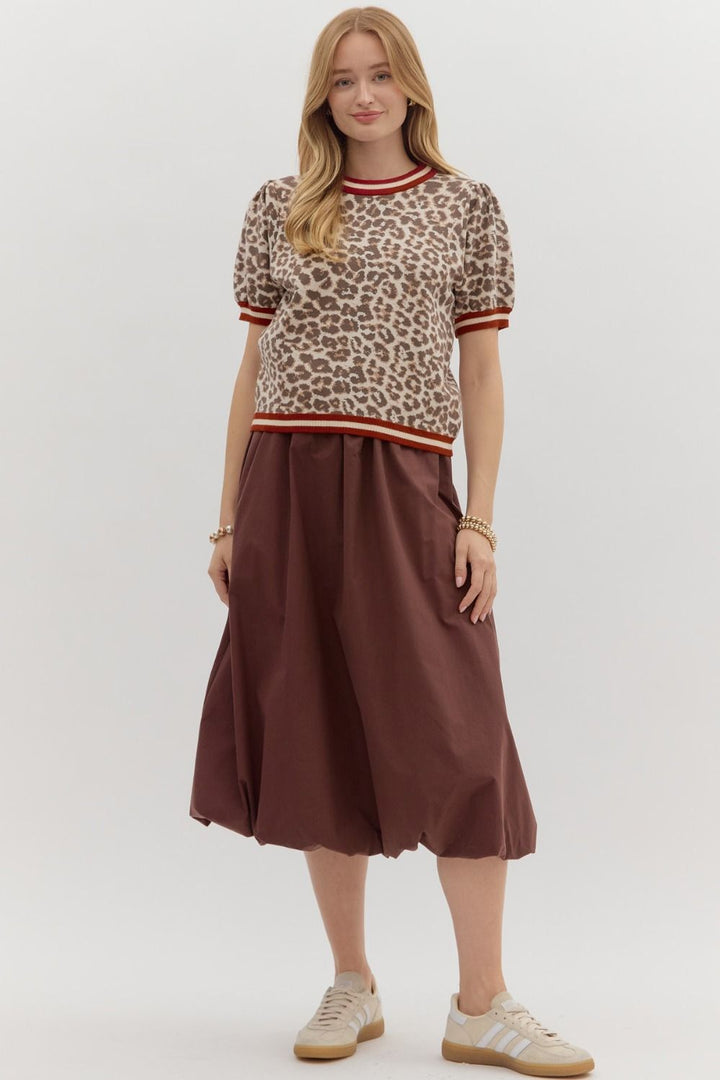 Leopard Puff Sleeve Knit Top W/Contrast Trim - Lush Lemon - Women's Clothing - Entro - 76771791025981