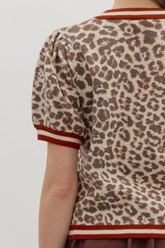 Leopard Puff Sleeve Knit Top W/Contrast Trim - Lush Lemon - Women&