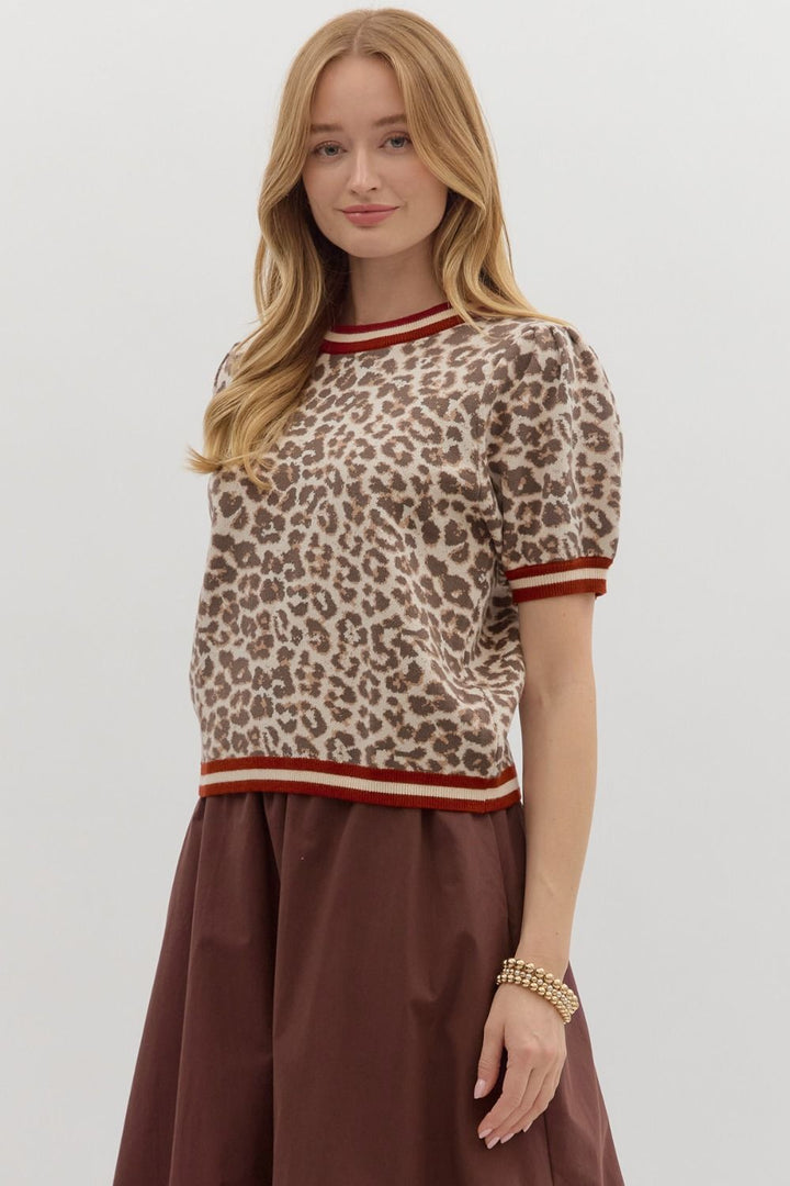 Leopard Puff Sleeve Knit Top W/Contrast Trim - Lush Lemon - Women's Clothing - Entro - 76771791025981