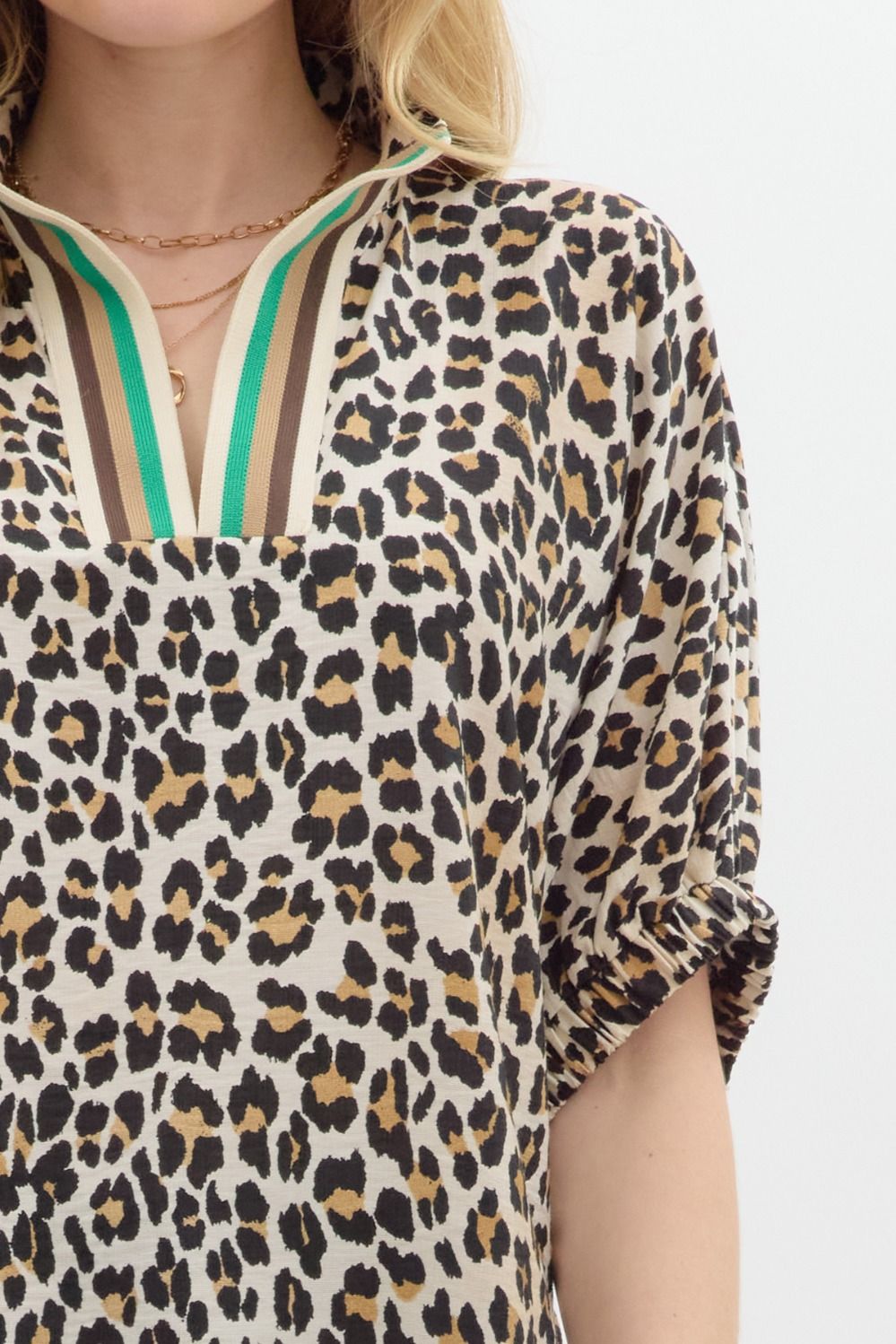 Leopard Rib Trim Split Neck Top - Lush Lemon - Women's Clothing - Entro - 87104061039133