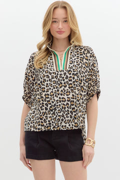 Leopard Rib Trim Split Neck Top - Lush Lemon - Women&