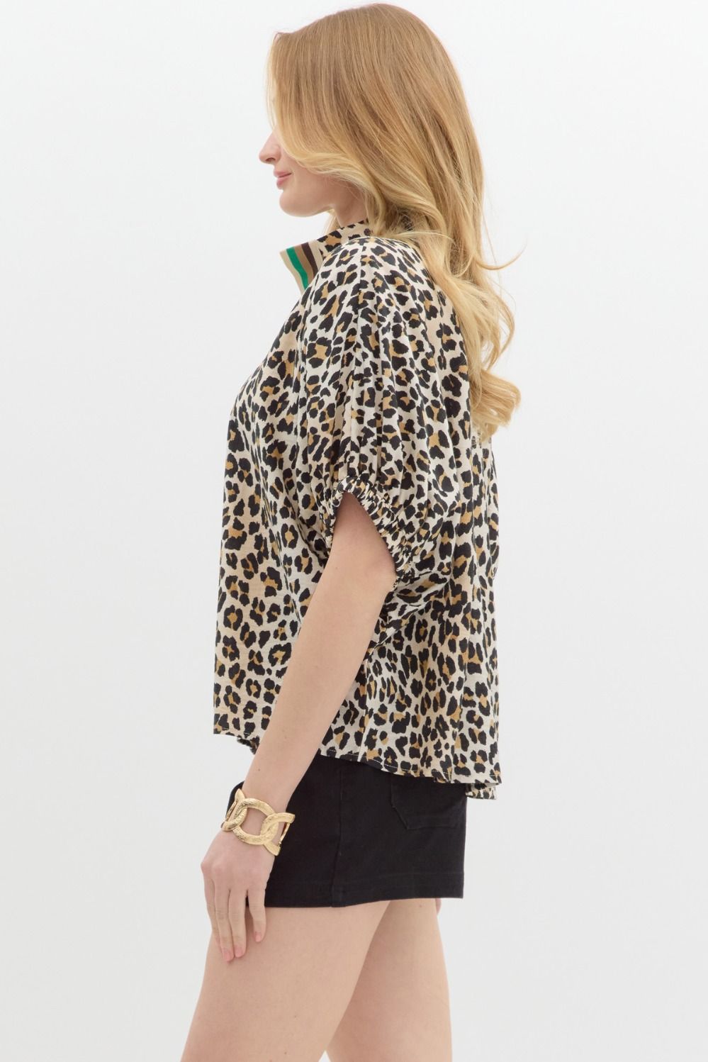 Leopard Rib Trim Split Neck Top - Lush Lemon - Women's Clothing - Entro - 87104061039133