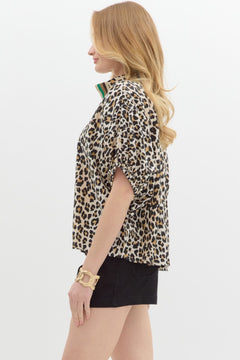 Leopard Rib Trim Split Neck Top - Lush Lemon - Women&