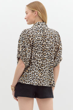Leopard Rib Trim Split Neck Top - Lush Lemon - Women&