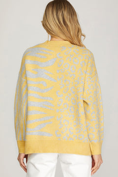Leopard Zebra Pattern Sweater Top - Lush Lemon - Women&