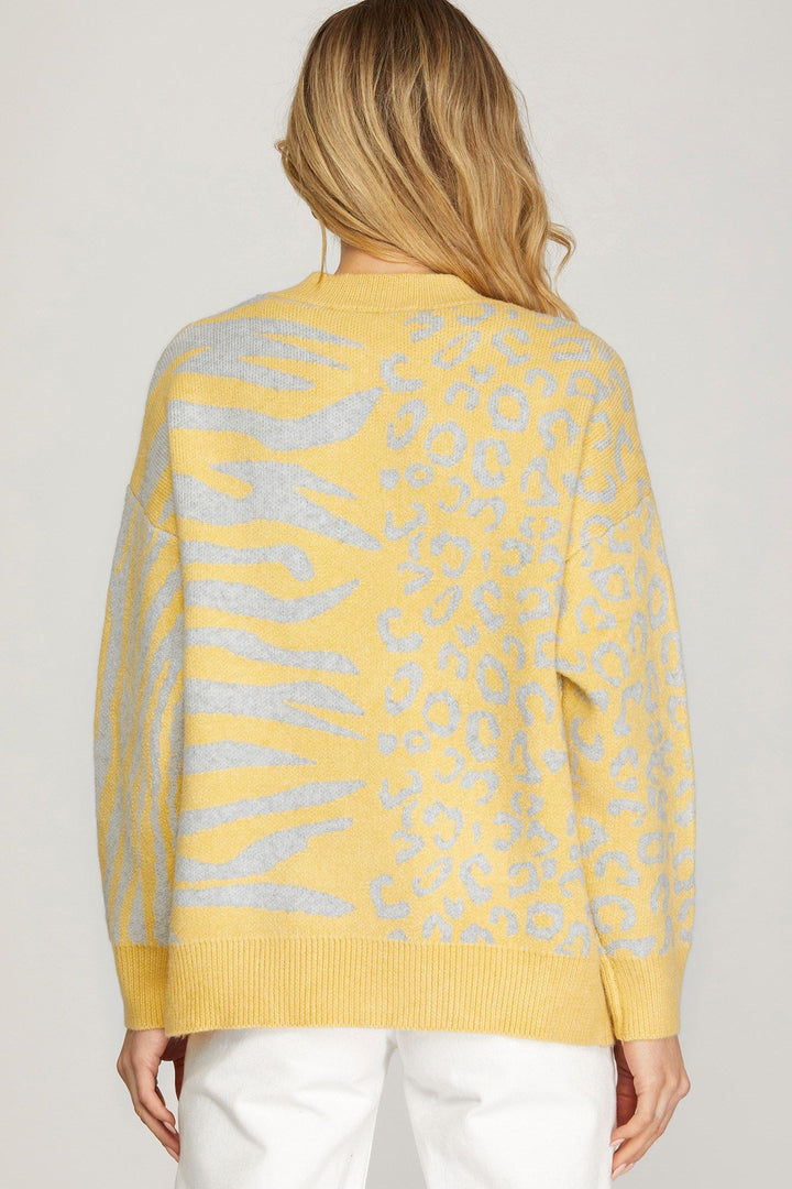 Leopard Zebra Pattern Sweater Top - Lush Lemon - Women's Clothing - She + Sky - 35592911021405