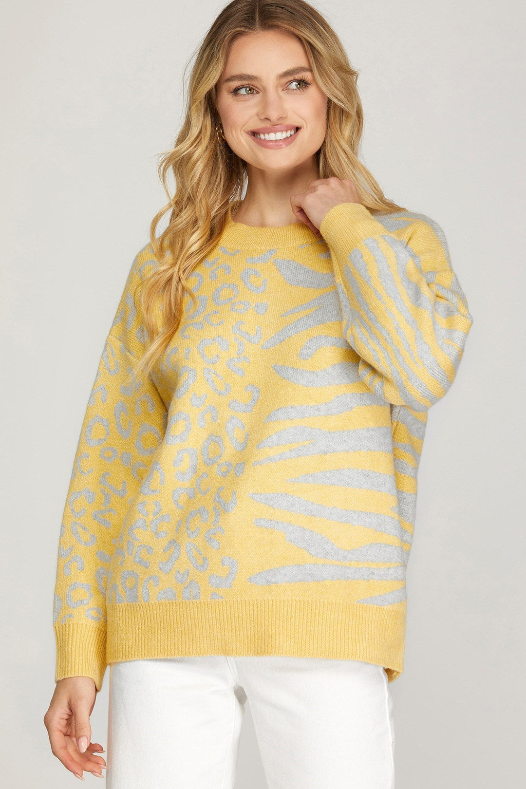 Leopard Zebra Pattern Sweater Top - Lush Lemon - Women's Clothing - She + Sky - 35592911021405