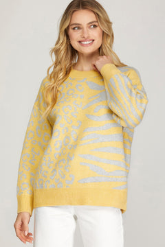 Leopard Zebra Pattern Sweater Top - Lush Lemon - Women&