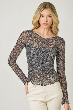 Lettuce Hem Mesh Print Top - Lush Lemon - Women&