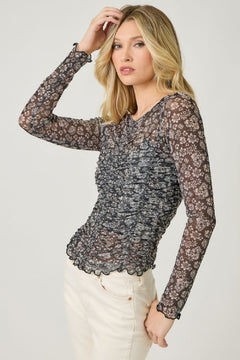 Lettuce Hem Mesh Print Top - Lush Lemon - Women&