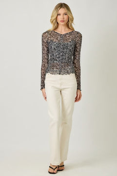 Lettuce Hem Mesh Print Top - Lush Lemon - Women&