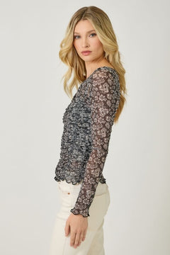 Lettuce Hem Mesh Print Top - Lush Lemon - Women&