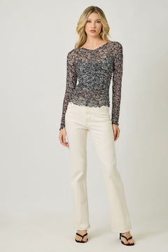 Lettuce Hem Mesh Print Top - Lush Lemon - Women&