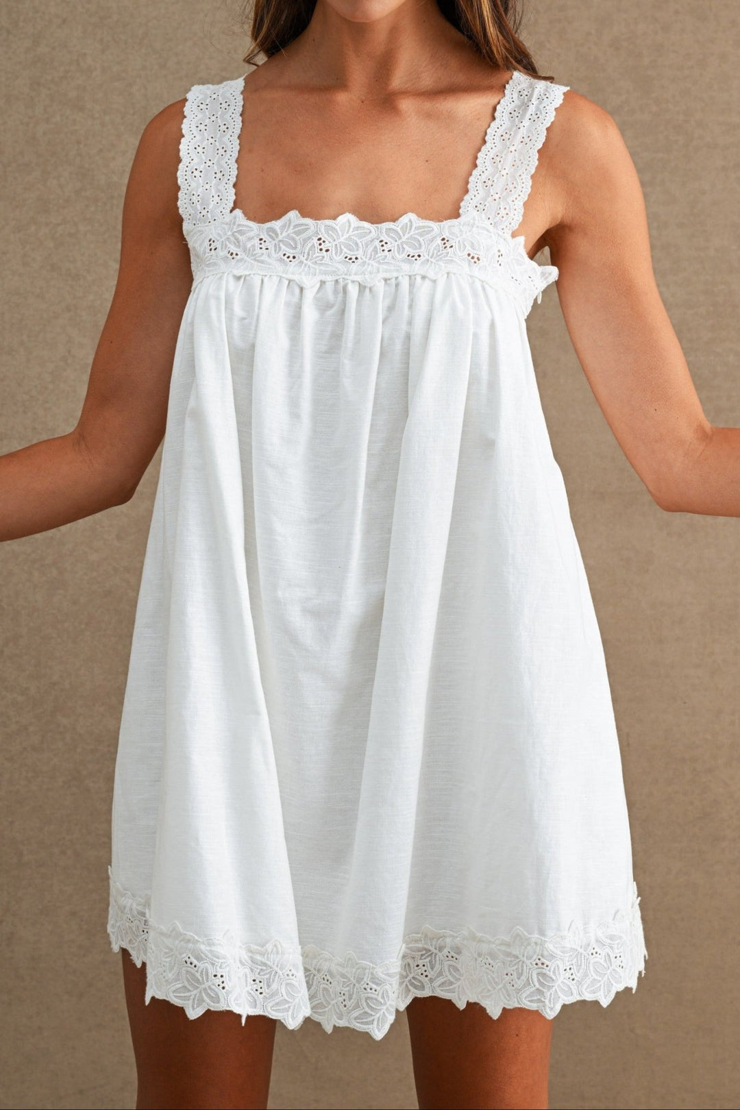 Linen Lace Trim Mini Dress - Lush Lemon - Women's Clothing - Mable - 75976071015005