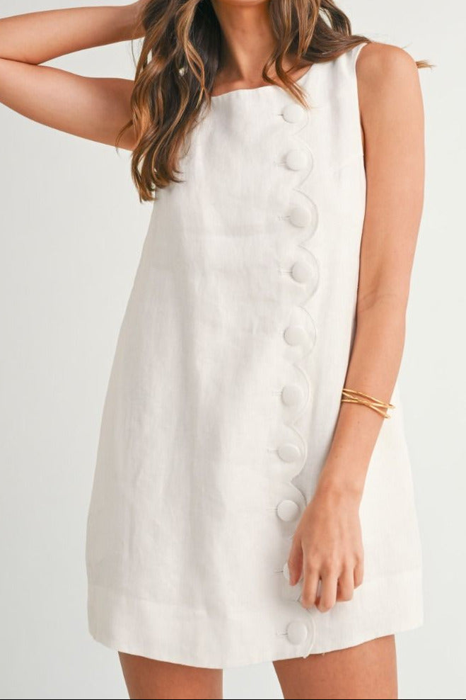 Linen Scallop Button Shift Dress - Lush Lemon - Women's Clothing - Mable - 46184451088445