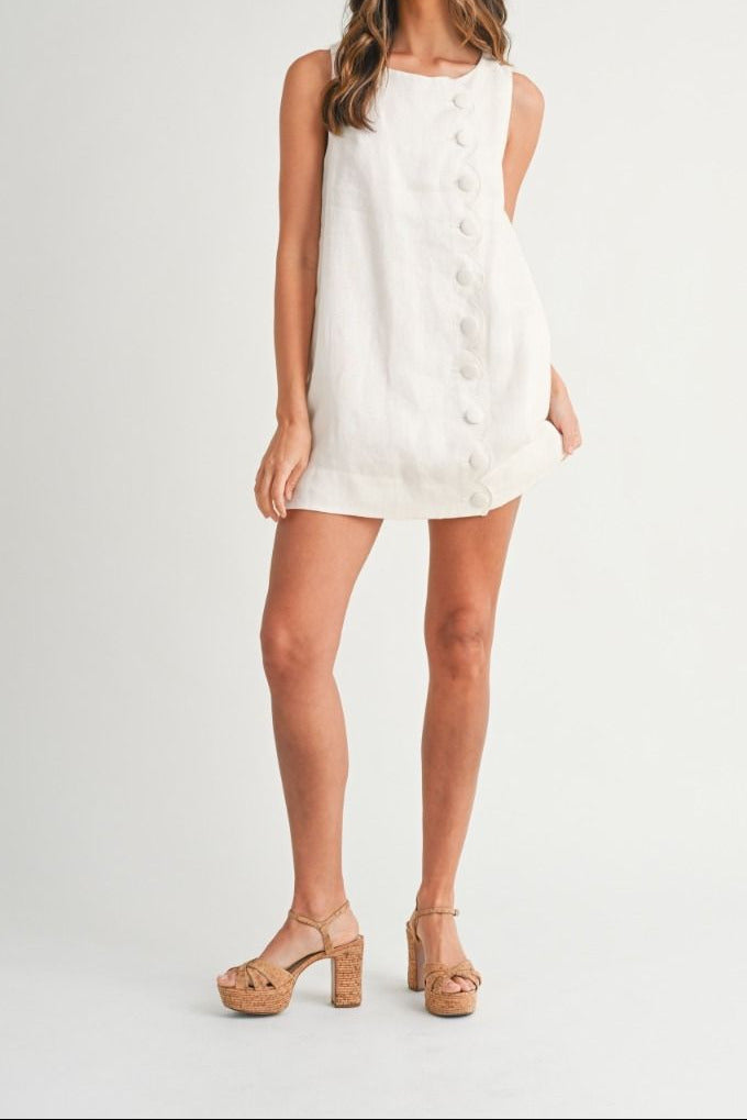 Linen Scallop Button Shift Dress - Lush Lemon - Women's Clothing - Mable - 46184451088445