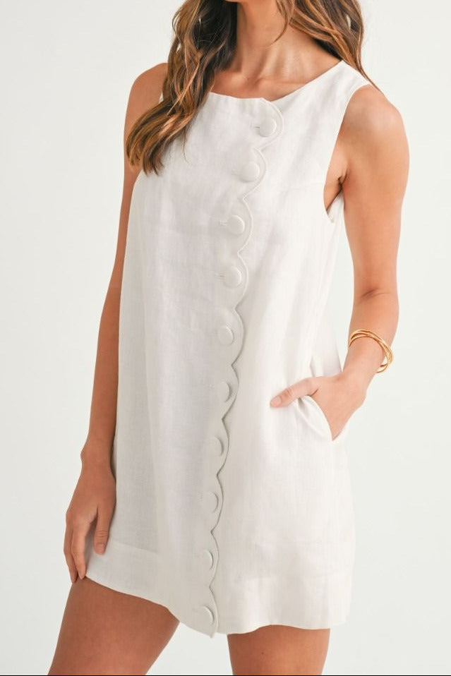 Linen Scallop Button Shift Dress - Lush Lemon - Women's Clothing - Mable - 46184451088445
