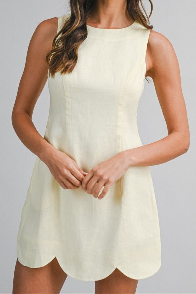 Linen Scallop Hem Mini Dress - Lush Lemon - Women's Clothing - Mable - 12563851046301