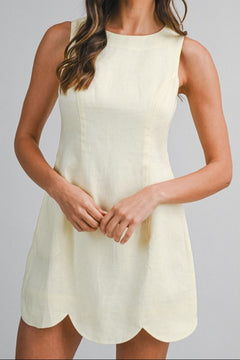 Linen Scallop Hem Mini Dress - Lush Lemon - Women&
