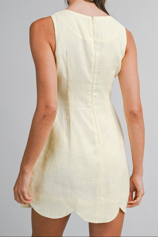 Linen Scallop Hem Mini Dress - Lush Lemon - Women's Clothing - Mable - 12563851046301