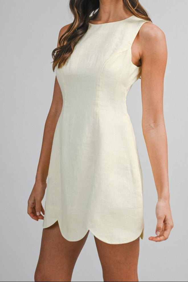 Linen Scallop Hem Mini Dress - Lush Lemon - Women's Clothing - Mable - 12563851046301