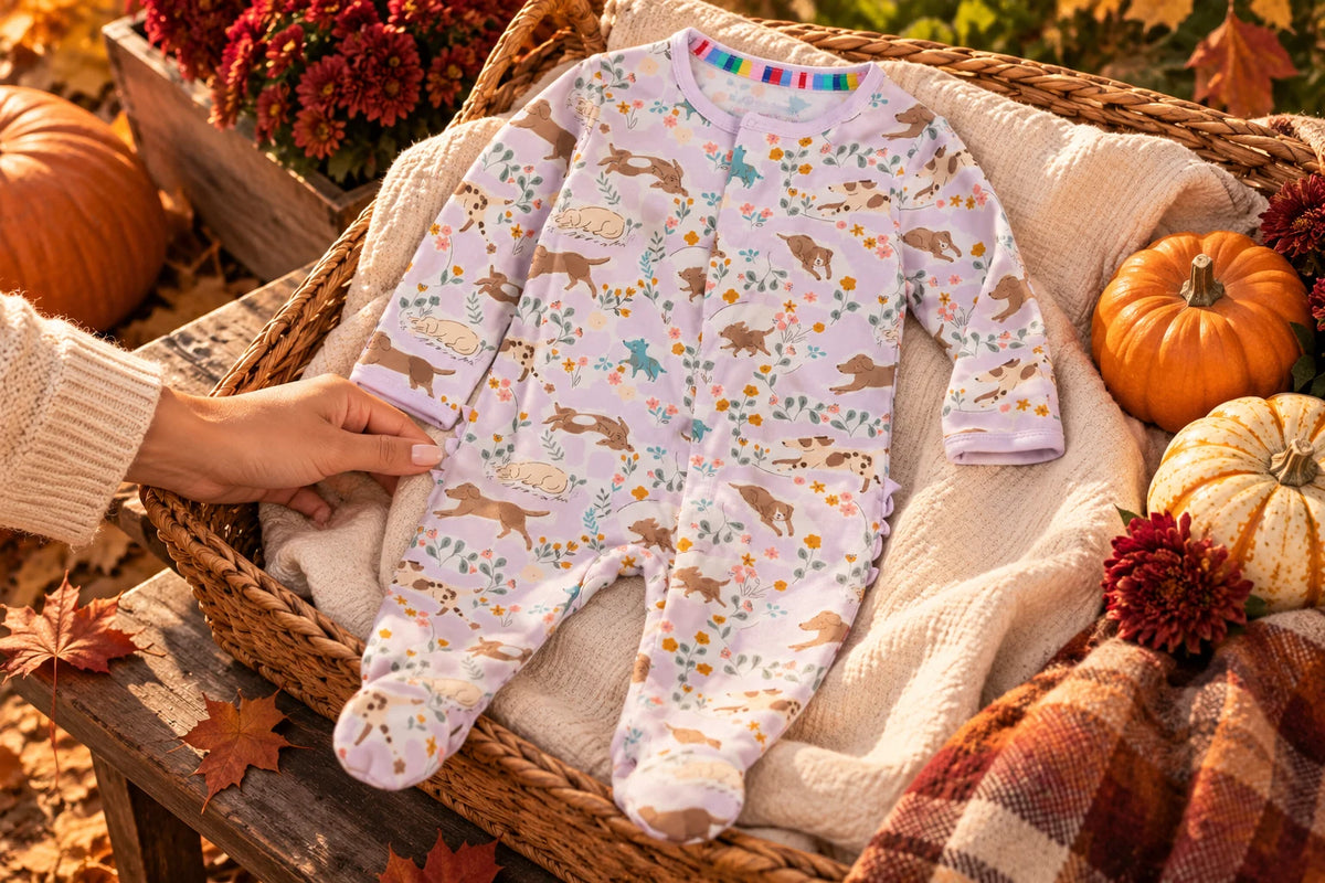 Lavender puppy-print baby footie in an autumn picnic setting