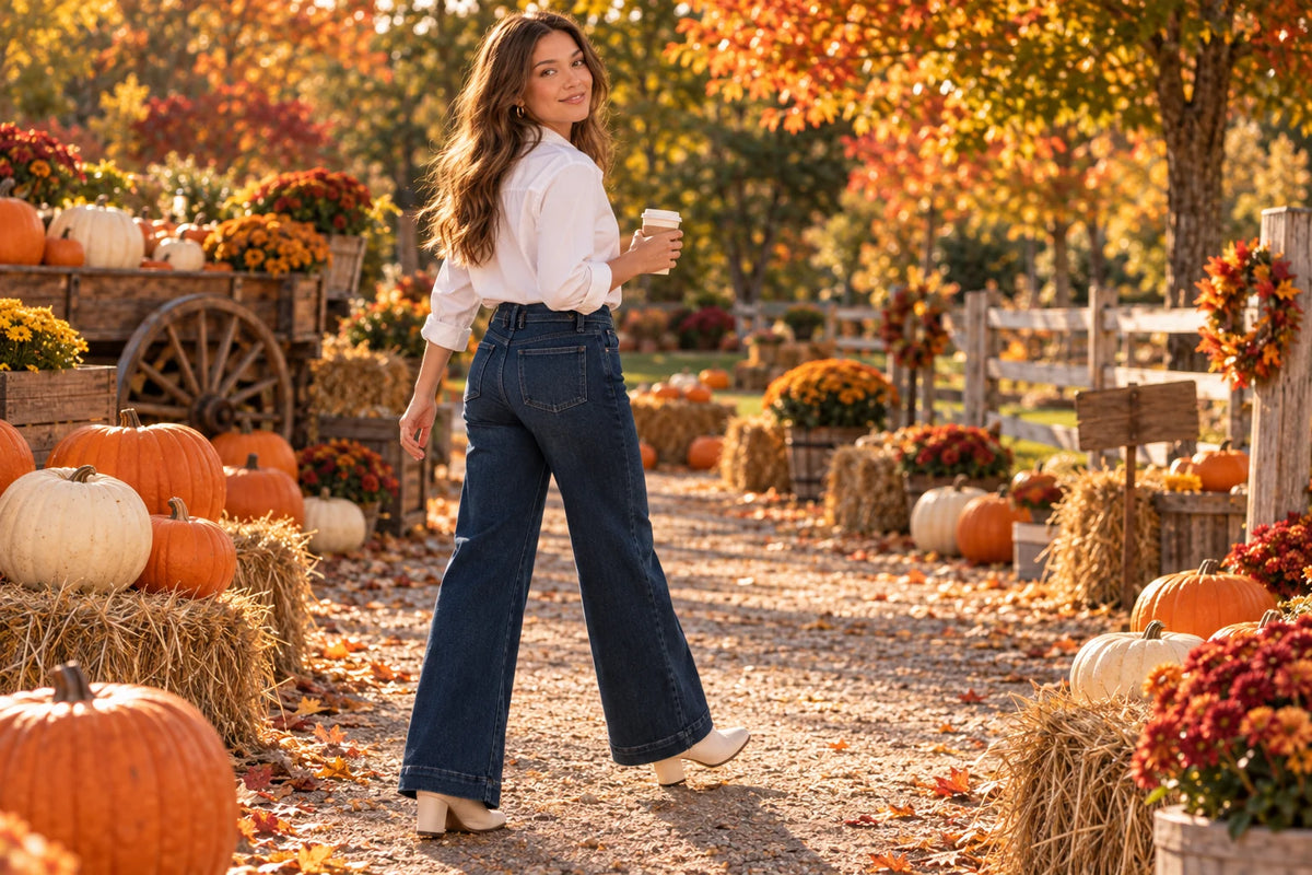 Dark wide-leg denim styled for a colorful pumpkin-patch afternoon