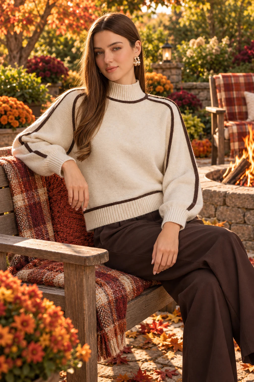 Contrast-trim sweater beside an autumn garden firepit