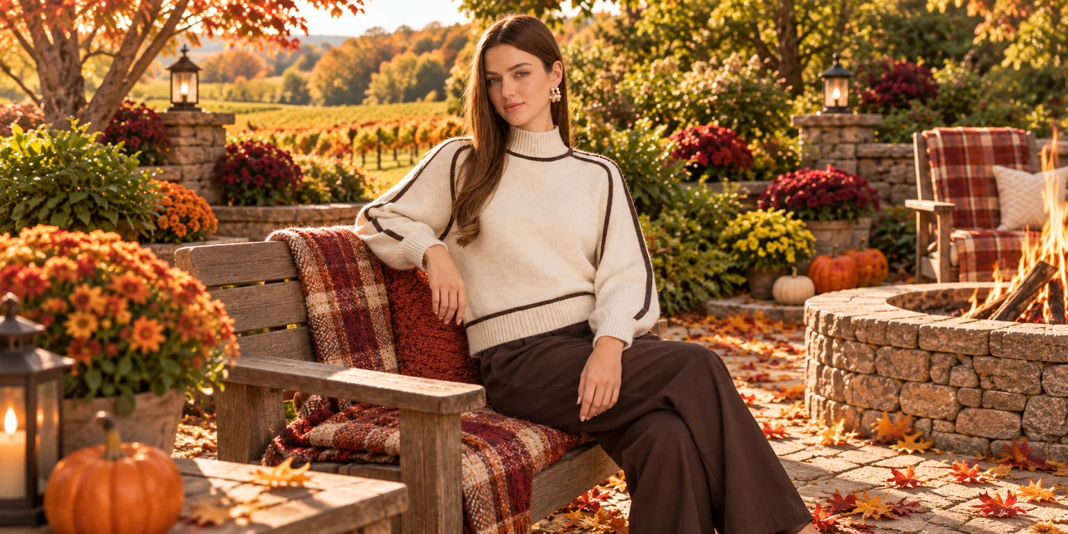 Entro contrast-trim sweater beside a colorful autumn garden firepit