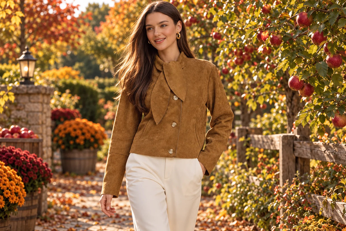 Brown tie-neck cropped jacket on a colorful autumn orchard walk