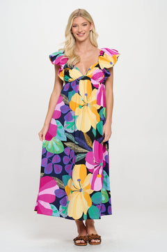 Lola Tropical Floral Ruffle Dress - Lush Lemon - Women&