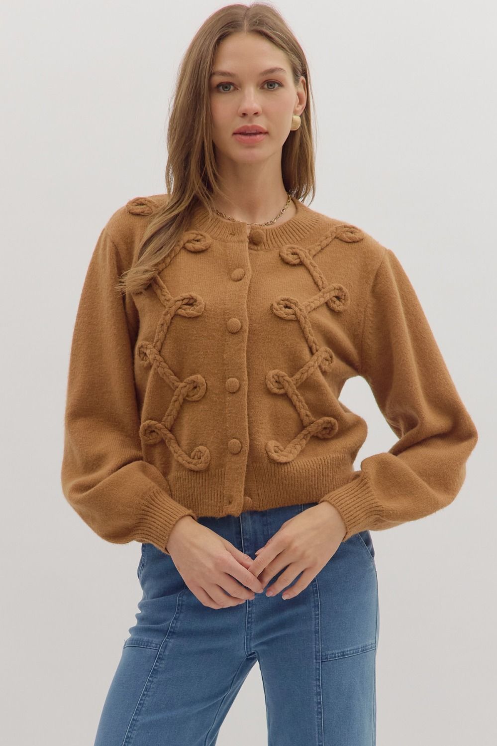 Looped Trim Knit Cardigan W/Button Front - Lush Lemon - Women's Clothing - Entro - 24709651000125