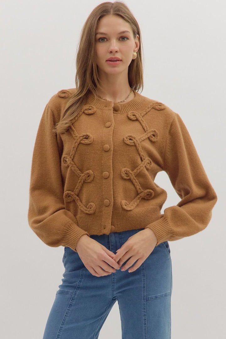 Looped Trim Knit Cardigan W/Button Front - Lush Lemon - Women's Clothing - Entro - 24709651000125