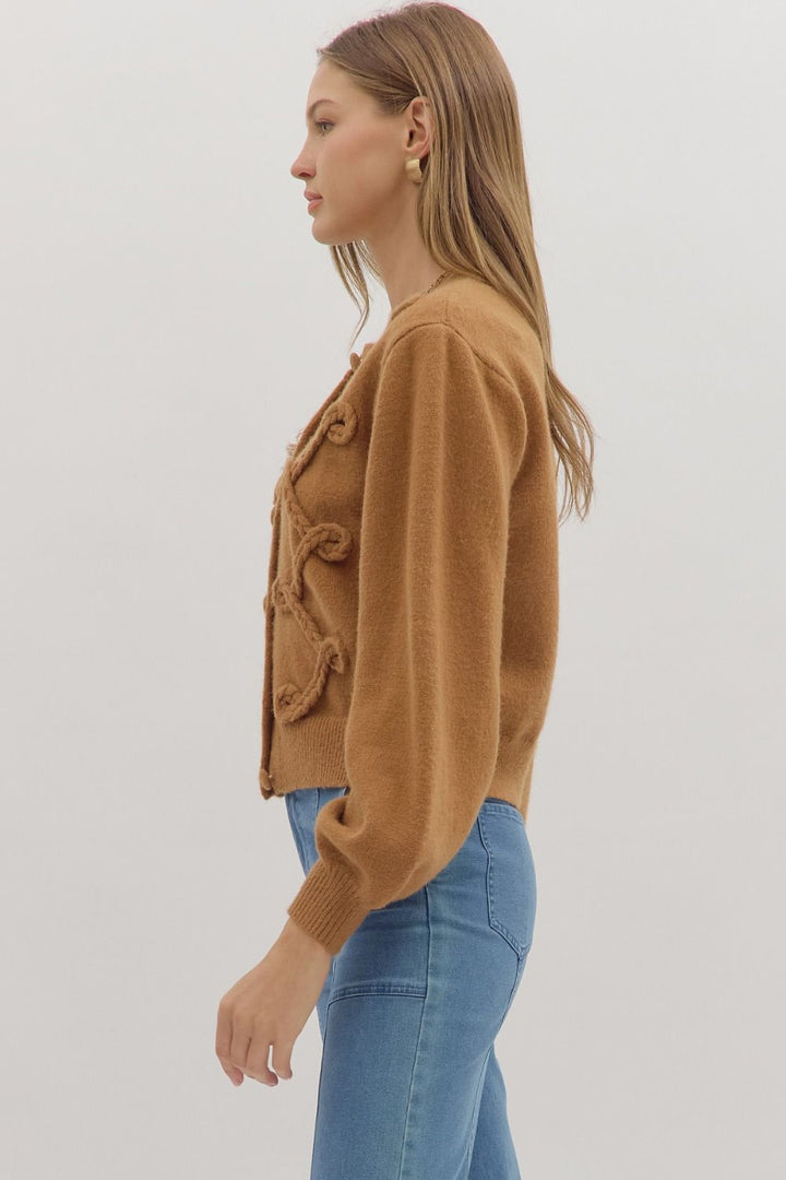 Looped Trim Knit Cardigan W/Button Front - Lush Lemon - Women's Clothing - Entro - 24709651000125