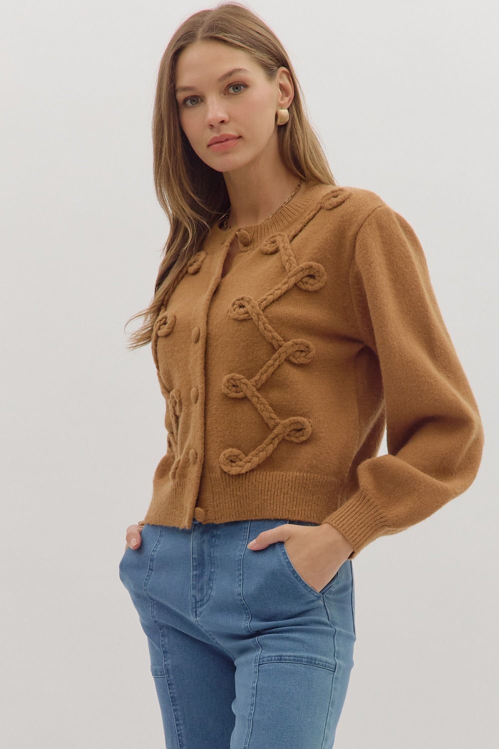 Looped Trim Knit Cardigan W/Button Front - Lush Lemon - Women's Clothing - Entro - 24709651000125