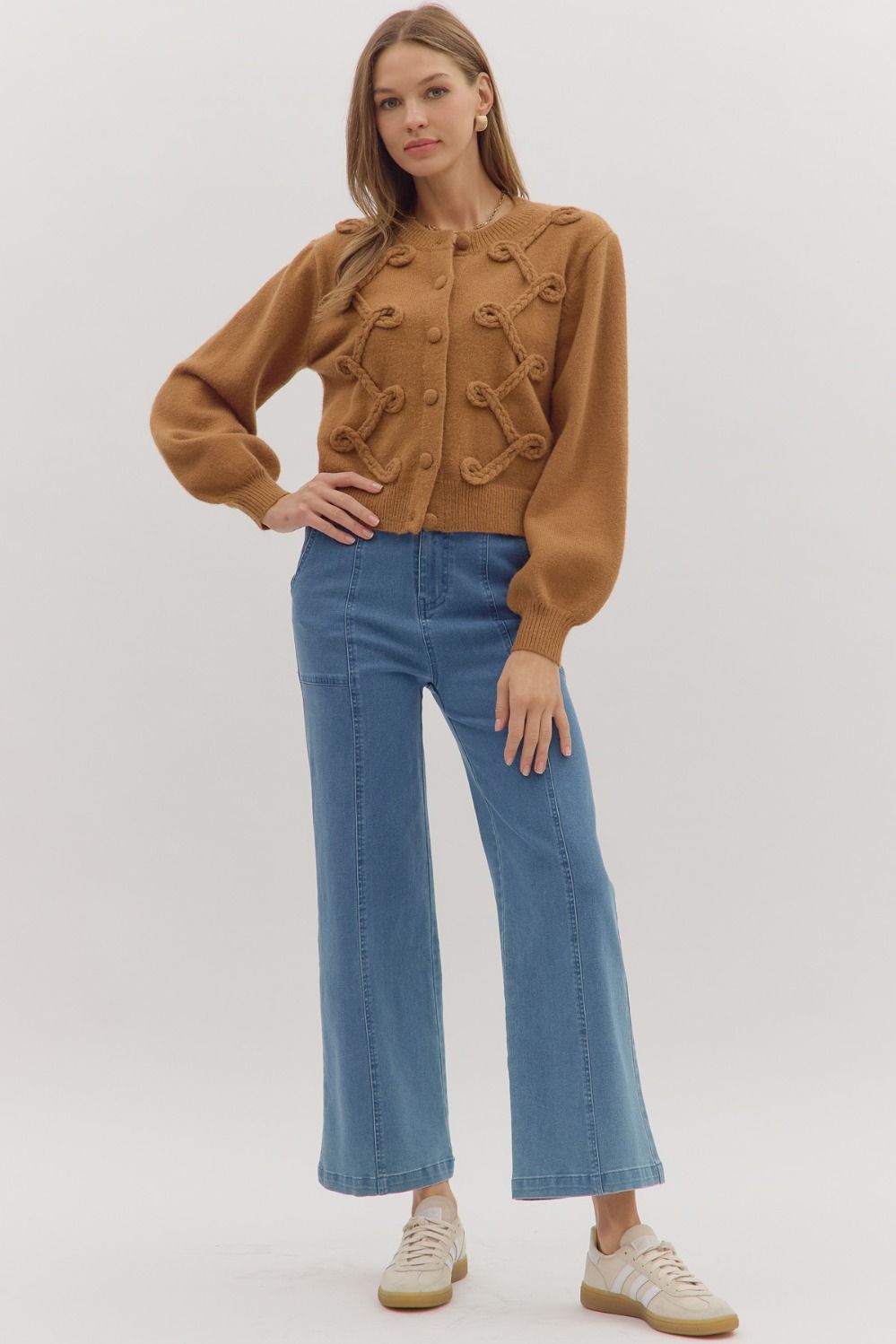 Looped Trim Knit Cardigan W/Button Front - Lush Lemon - Women's Clothing - Entro - 24709651000125
