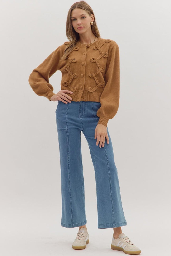 Looped Trim Knit Cardigan W/Button Front - Lush Lemon - Women's Clothing - Entro - 24709651000125