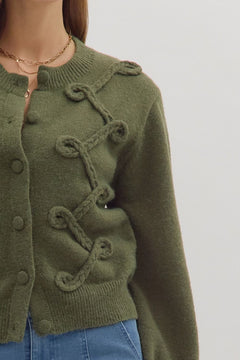 Looped Trim Knit Cardigan W/Button Front - Lush Lemon - Women&