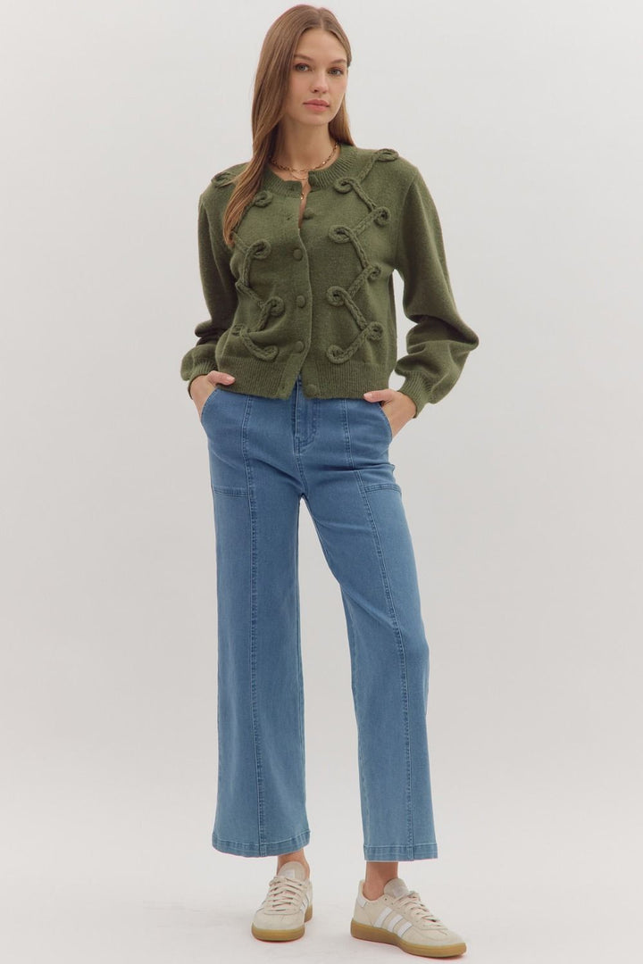 Looped Trim Knit Cardigan W/Button Front - Lush Lemon - Women's Clothing - Entro - 24709651398429