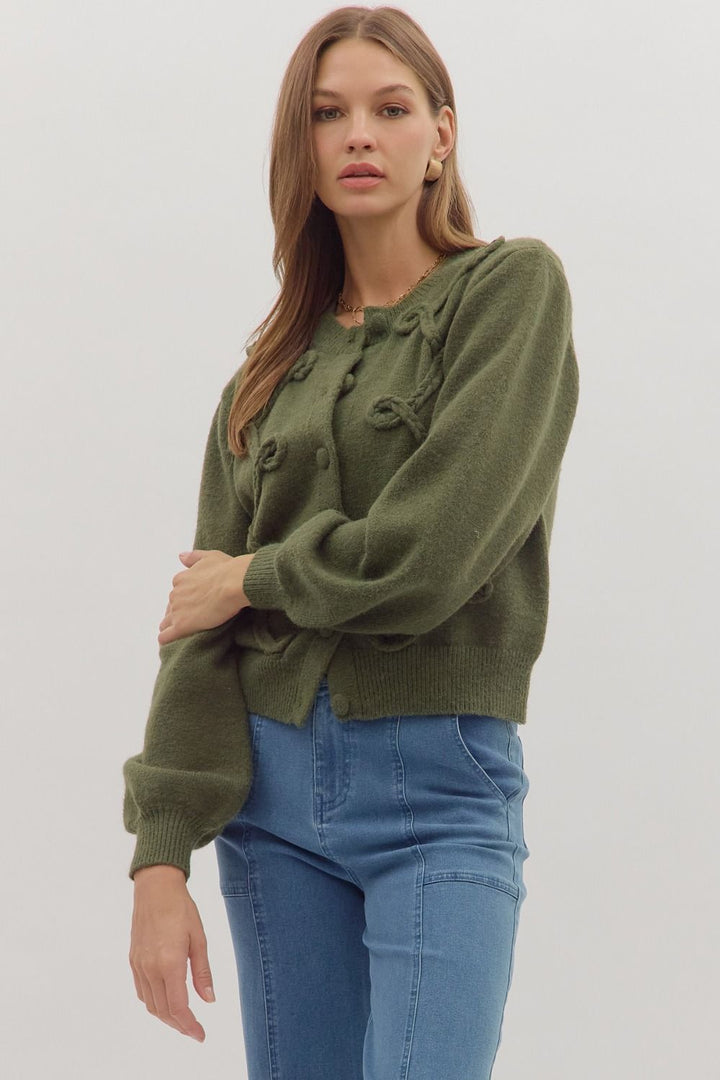 Looped Trim Knit Cardigan W/Button Front - Lush Lemon - Women's Clothing - Entro - 24709651398429