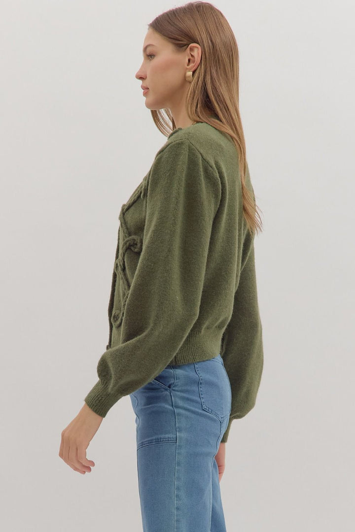 Looped Trim Knit Cardigan W/Button Front - Lush Lemon - Women's Clothing - Entro - 24709651398429