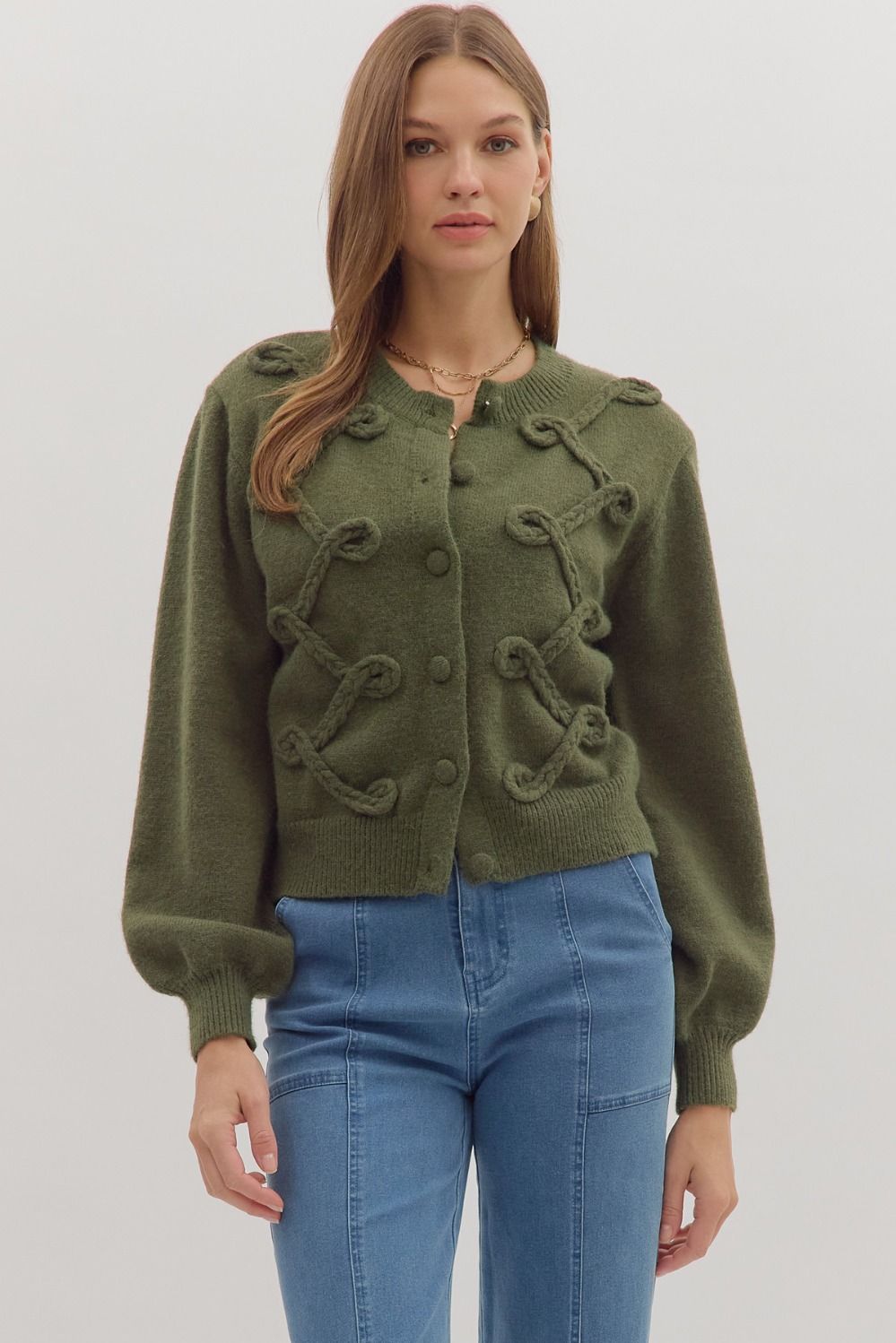 Looped Trim Knit Cardigan W/Button Front - Lush Lemon - Women's Clothing - Entro - 24709651398429