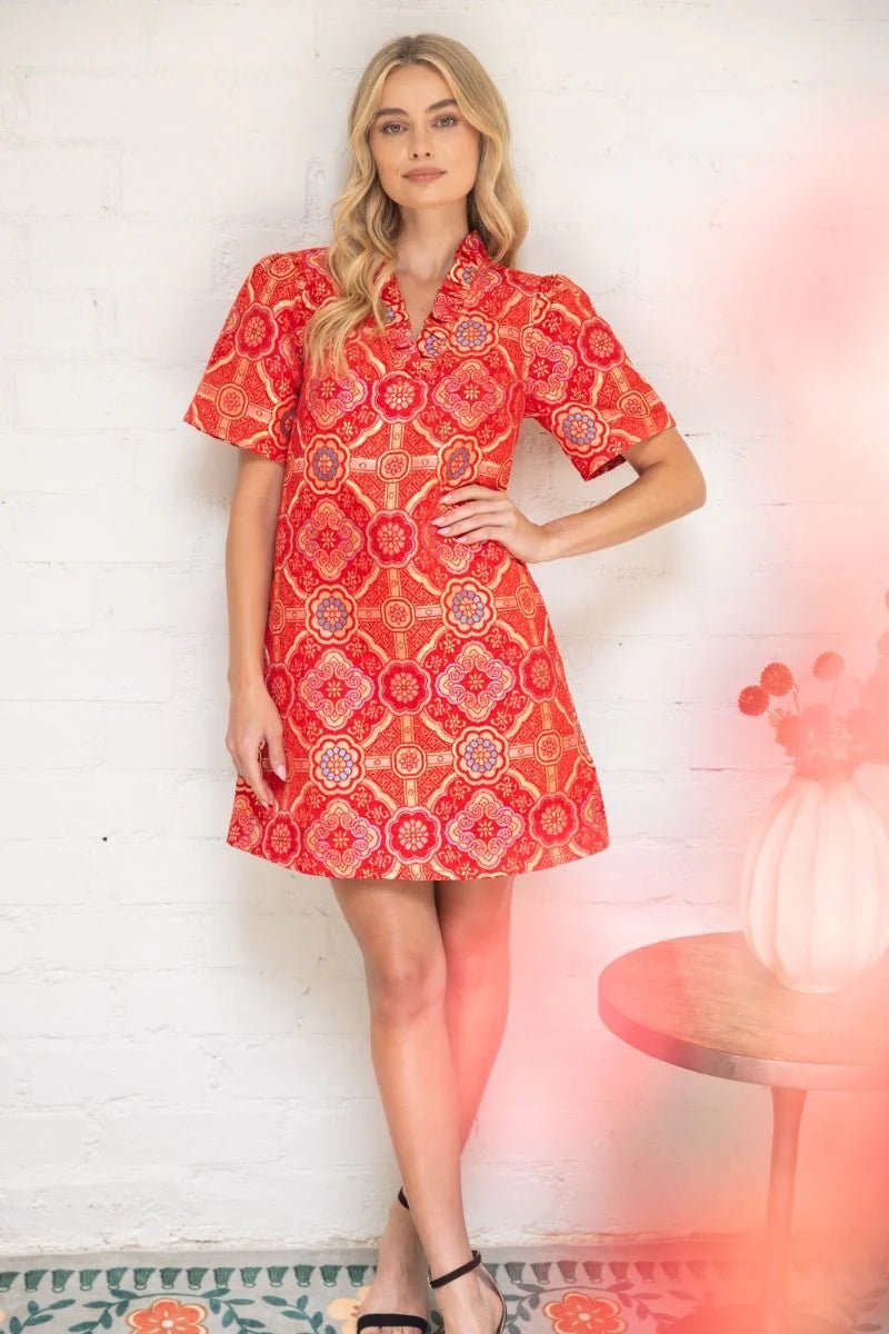 Mandala Jacquard V - Neck Dress - Lush Lemon - Women's Clothing - Voy - 19740941053597